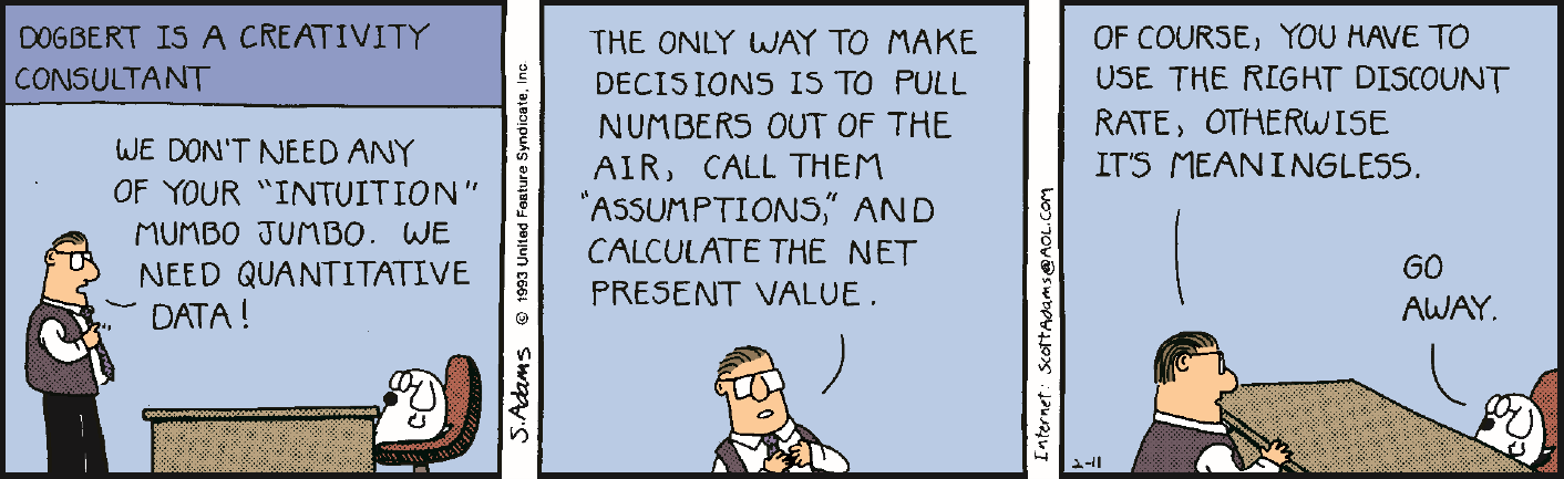 NPV, assumptions, and discount rate comic