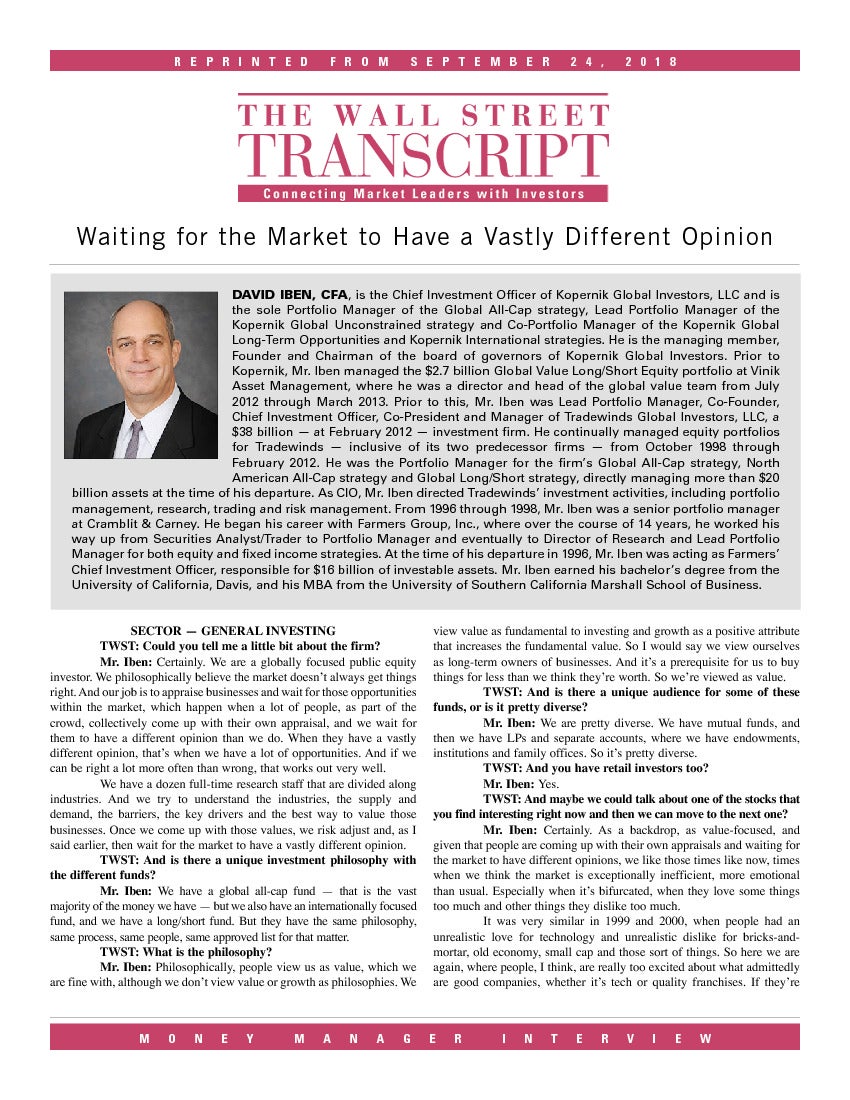 The Wall Street Transcript: Waiting for the Market to Have a Vastly Different Opinion – Featuring David Iben