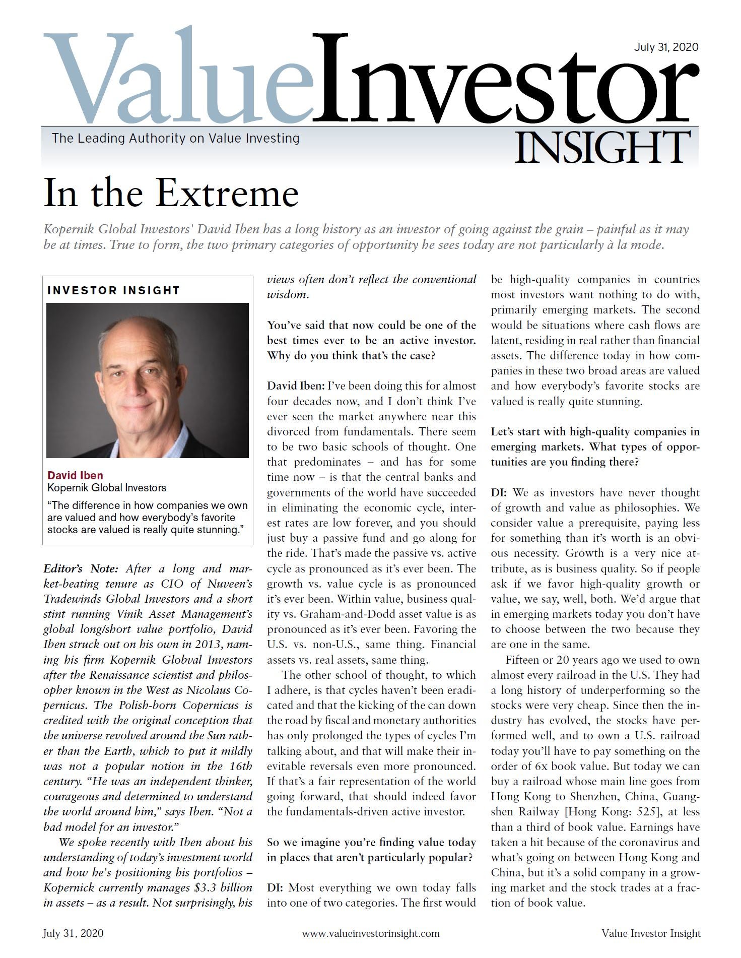 Value Investor Insight – featuring Dave Iben – July 31, 2020