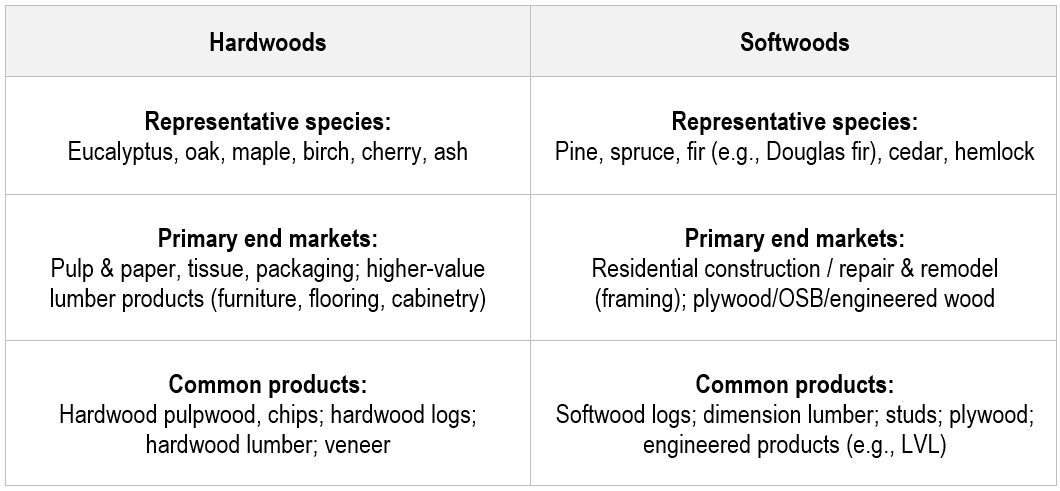 Hardwood vs Softwoods: 
Species, End Markets, and Common Products